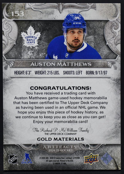 2024-25 UD Artifacts Gold Materials Auston Matthews 153 044/199 Jersey