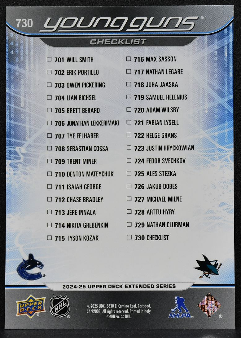 2024-25 UD Extended Series Young Guns Checklist Red Lekkerimaki / Smith RC 7664