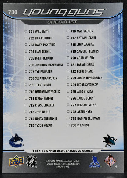 2024-25 UD Extended Series Young Guns Checklist Red Lekkerimaki / Smith RC 7664