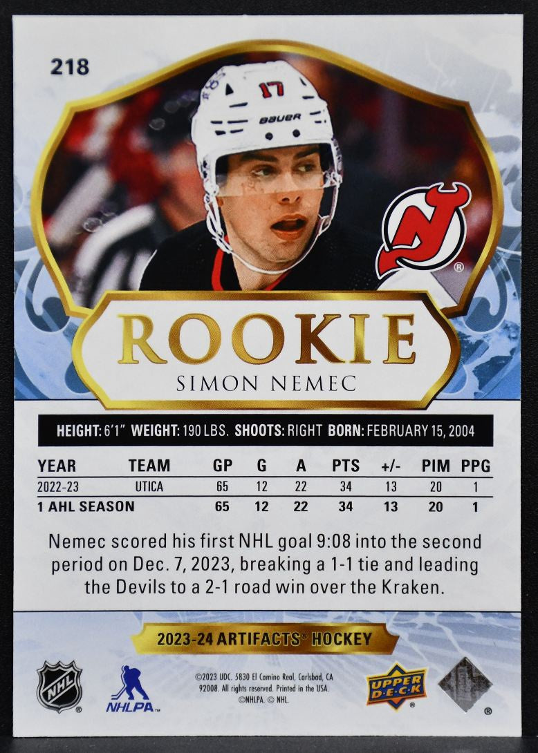 2023-24 Upper Deck Artifacts Rookie Simon Nemec 218 New Jersey Devils RC 187/999 3988