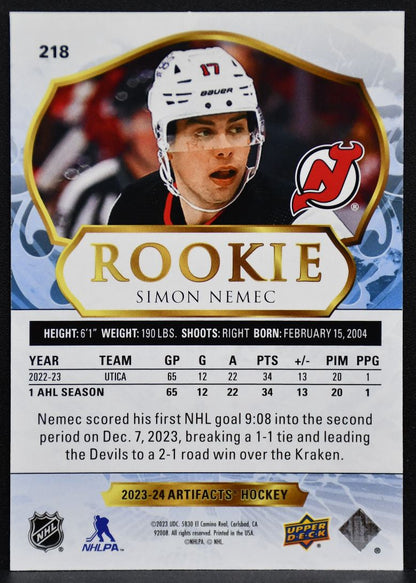 2023-24 Upper Deck Artifacts Rookie Simon Nemec 218 New Jersey Devils RC 187/999 3988