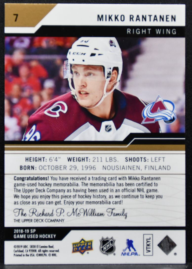2018-19 SP Game Used Jersey Mikko Rantanen 7 Colorado Avalanche Jersey 4200