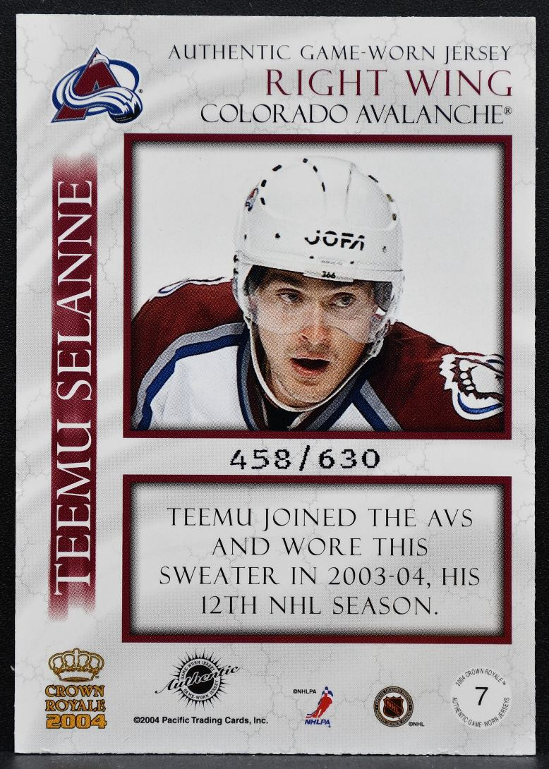 2004-05 Pacific Crown Royale Jersey Teemu Selanne Avalanche 458/630 Jersey 5093