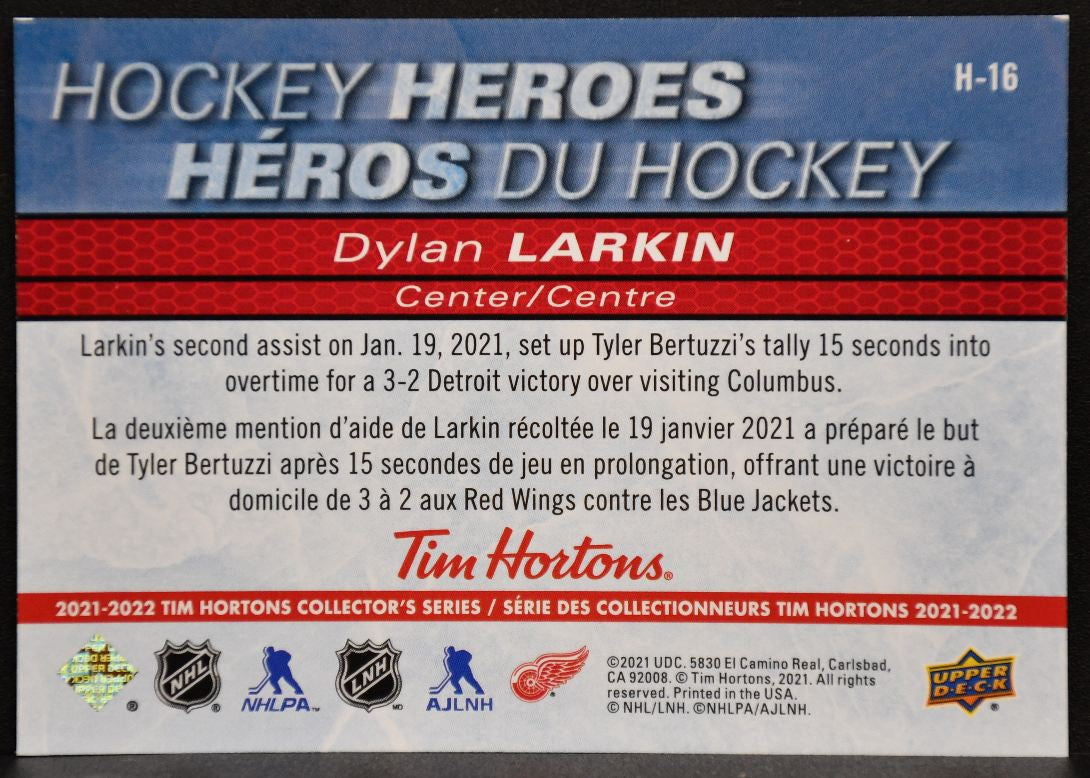 2021-22 Upper Deck Tim Hortons Hockey Heroes Dylan Larkin H-16 Detroit Red Wings 7191