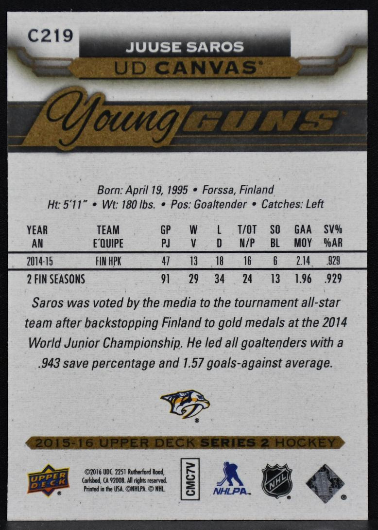 2015-16 UD Series 2 UD Canvas Young Guns Juuse Saros C219 Nashville Predators 1213