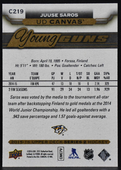 2015-16 UD Series 2 UD Canvas Young Guns Juuse Saros C219 Nashville Predators 1213