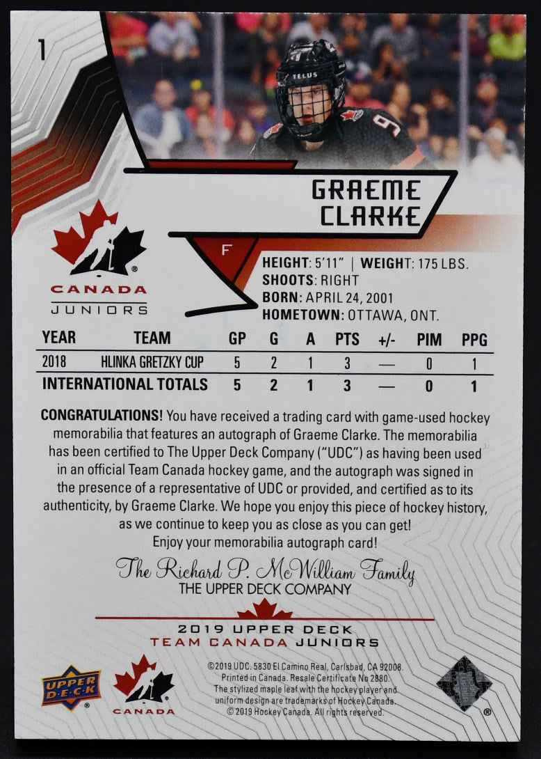2019-20 UD Team Canada Juniors Auto Patch Graeme Clarke 1 Auto 41/199 Patch