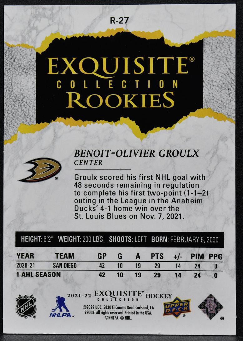 21-22 UD Ice Exquisite Collection RCs Benoit-Olivier Groulx R-27 Ducks RC /299 8877