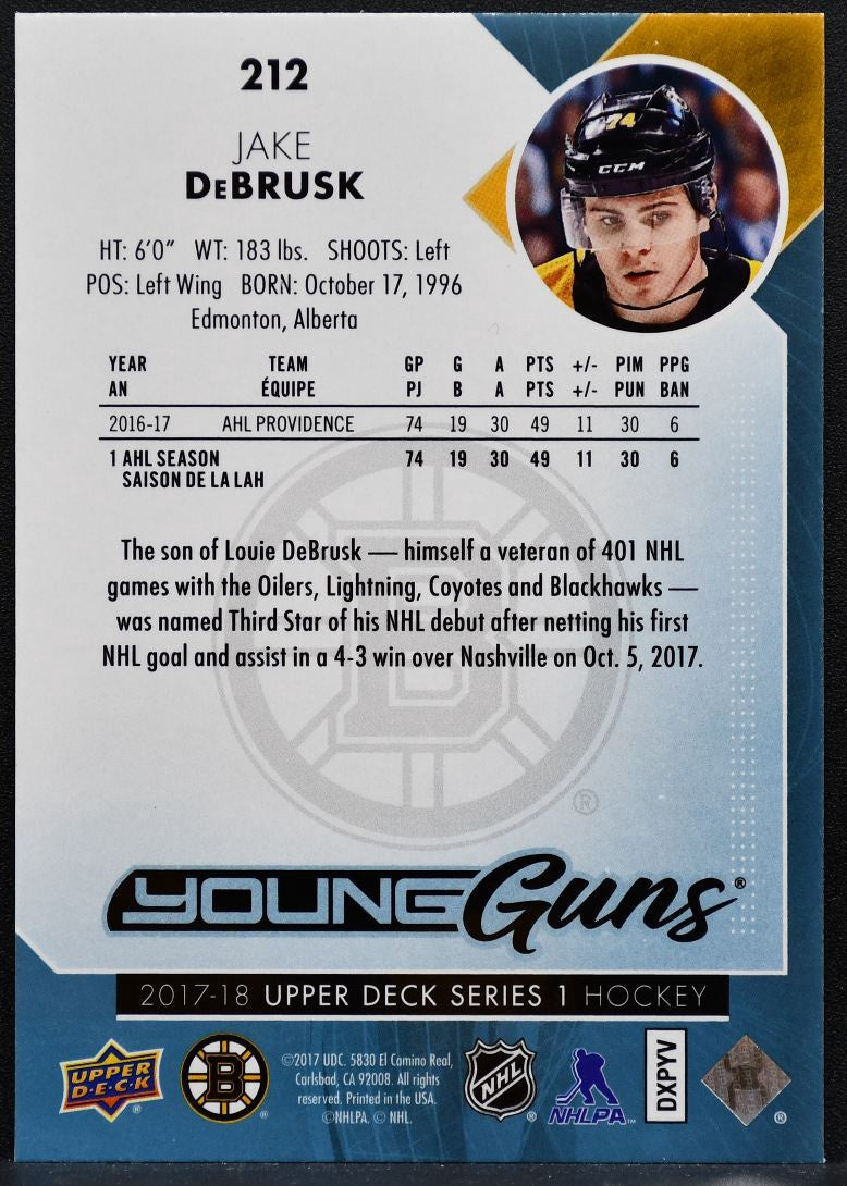 2017-18 Upper Deck Series 1 Young Guns Jake DeBrusk 212 Boston Bruins RC 2690