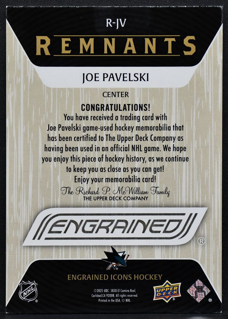 2025-26 UD Engrained Icons Remnants Joe Pavelski R-JV San Jose Sharks Stick 3162