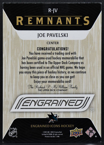 2025-26 UD Engrained Icons Remnants Joe Pavelski R-JV San Jose Sharks Stick 3162