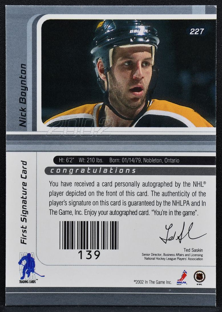 2001-02 In The Game Signature Series Nick Boynton 227 Boston Bruins Auto 4891