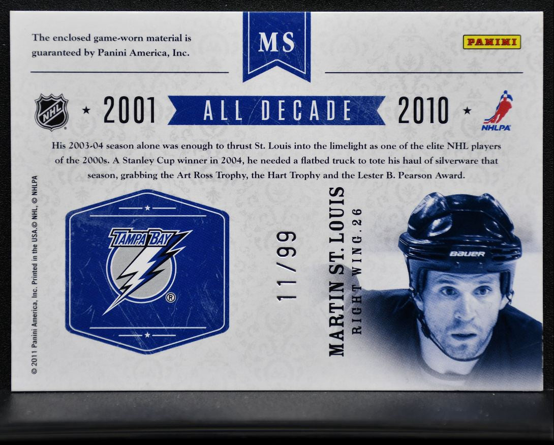 2010-11 Panini Dominion All Decade Jersey Martin St. Louis MS /99 Jersey 8496