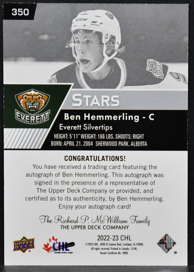 2022-23 UD CHL Autographs Ben Hemmerling 350 Everett Silvertips Auto