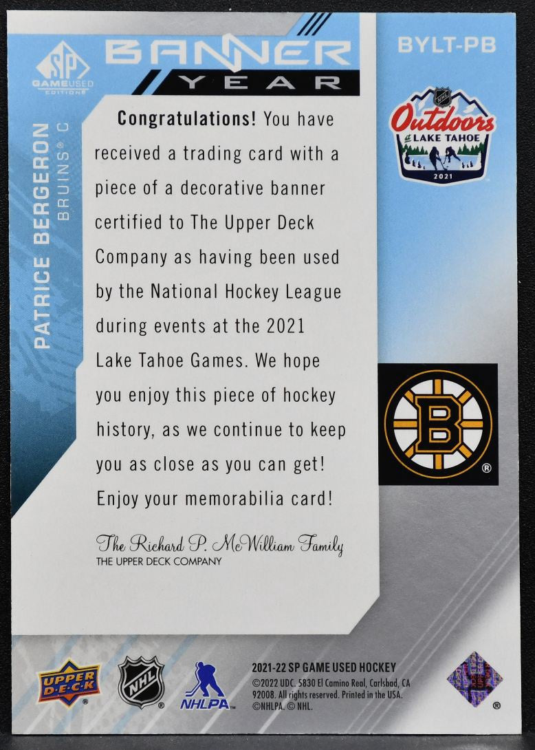 2021-22 SPGU 2021 NHL Lake Tahoe Games Banner Year Relics Bergeron Jersey 6354