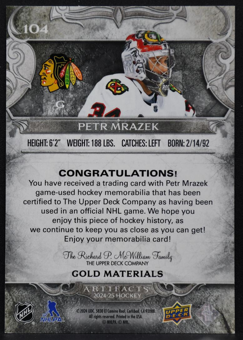 24-25 UD Artifacts Gold Materials Petr Mrazek 104 Blackhawks 110/199 Jersey 2776