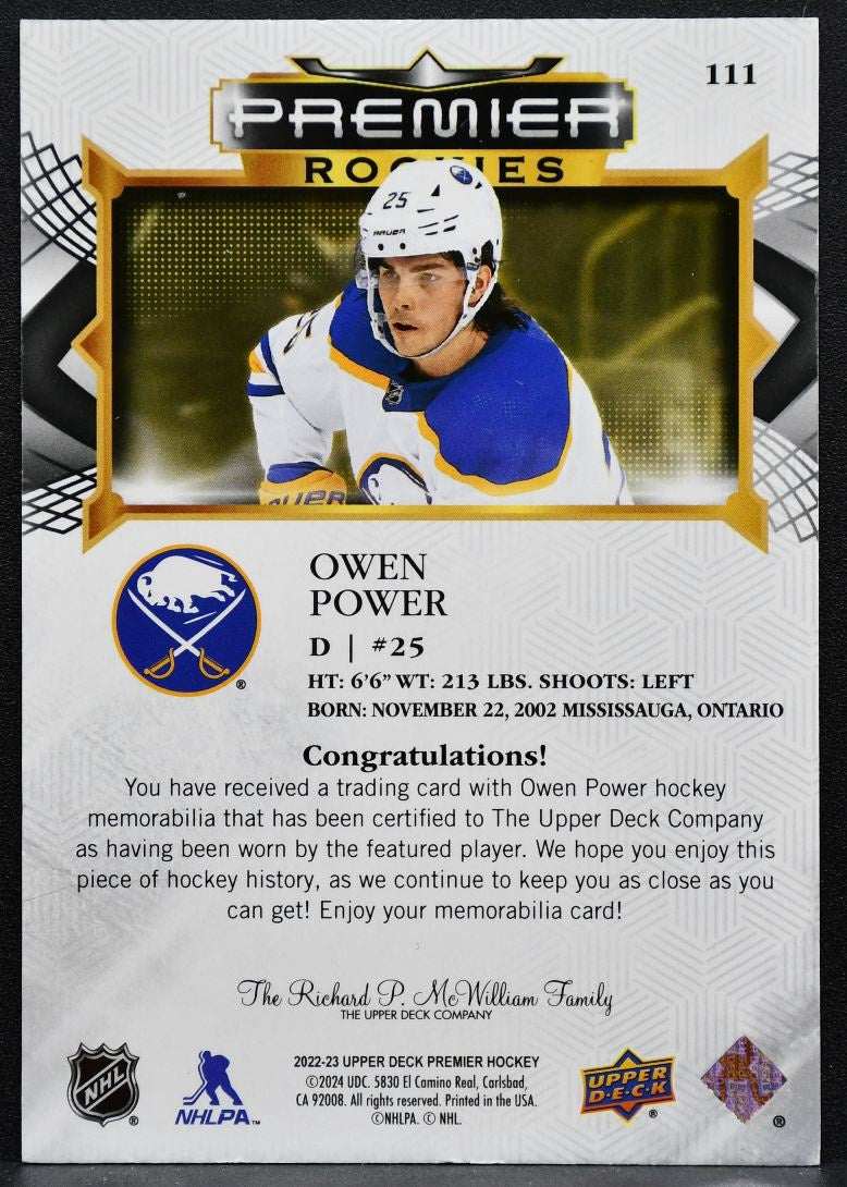 2022-23 Upper Deck Premier Rookies Jersey Owen Power 111 Sabres RC Jersey 4492