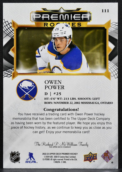 2022-23 Upper Deck Premier Rookies Jersey Owen Power 111 Sabres RC Jersey 4492