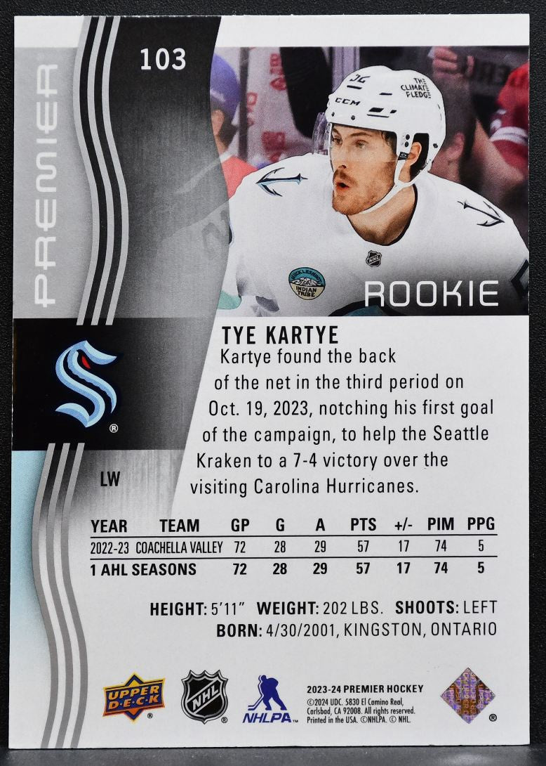 2023-24 Upper Deck Premier Rookie Tye Kartye 103 Seattle Kraken RC 049/399 0405