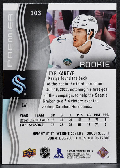 2023-24 Upper Deck Premier Rookie Tye Kartye 103 Seattle Kraken RC 049/399 0405