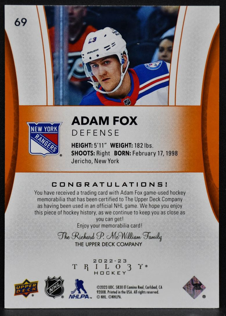 2022-23 UD Trilogy Orange Foil Jersey Adam Fox 69 New York Rangers Jersey 3323