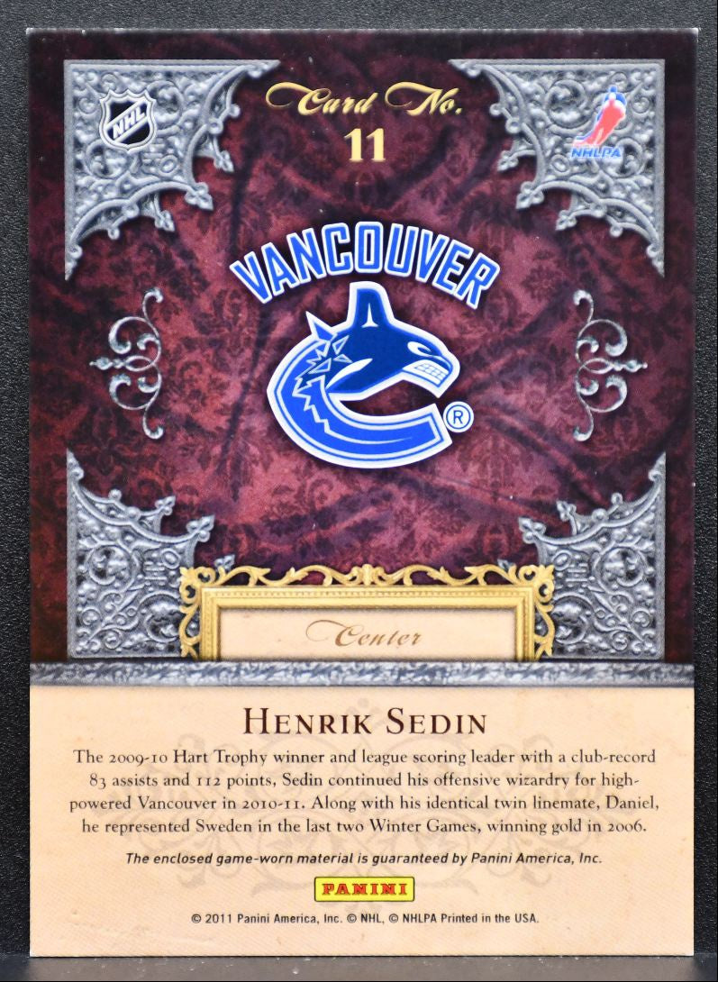 2010-11 Panini Crown Royale Lords of the NHL Henrik Sedin 11 Canucks Jersey 5791