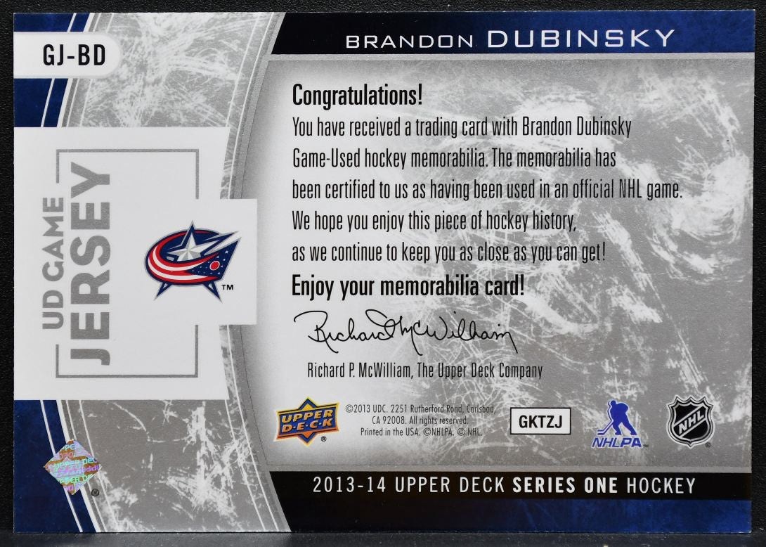 2013-14 UD Series 1 UD Game Jerseys Brandon Dubinsky Blue Jackets Jersey 2752