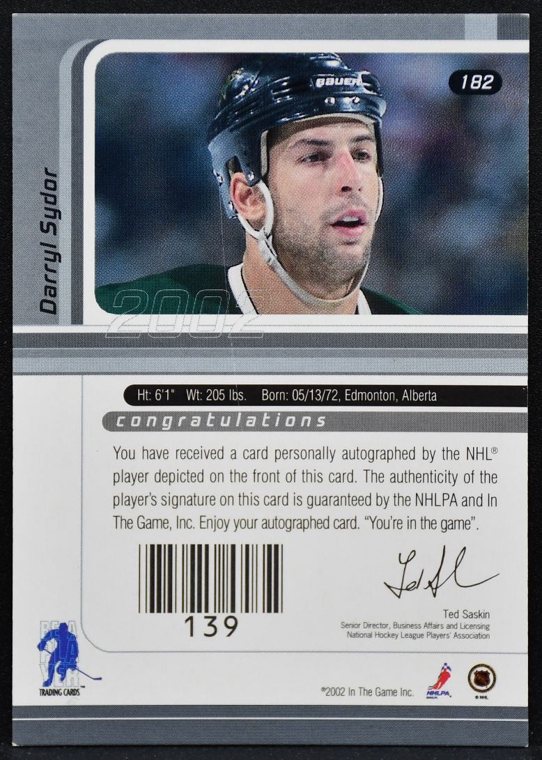 2001-02 Be a Player Auto Series Autograph Gold Darryl Sydor 182 Stars Auto 5927