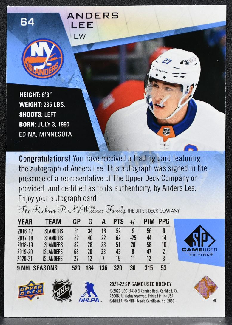 2021-22 SP Game Used Blue Auto Anders Lee 64 New York Islanders Auto 6977