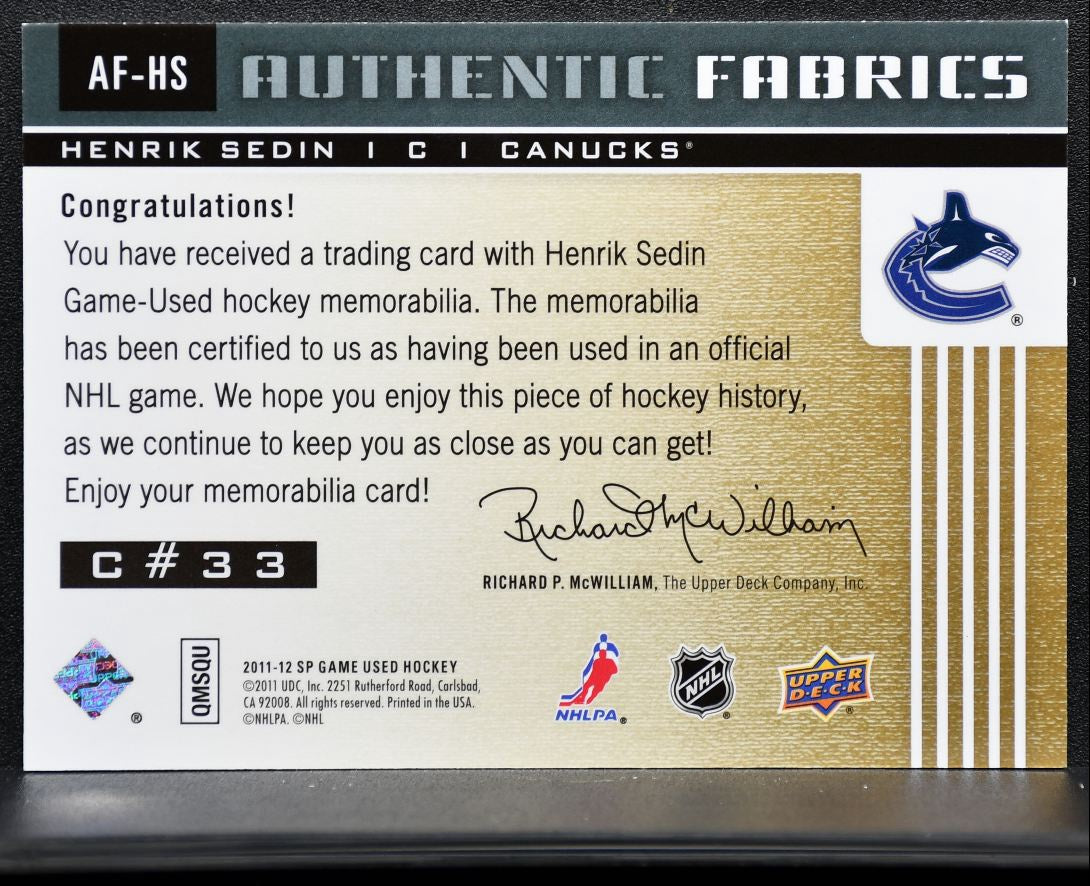 2011-12 SP Game Used Authentic Fabrics Henrik Sedin AF-HS Jersey 2920