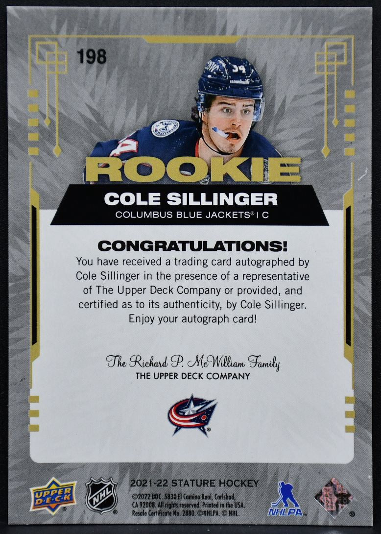 2021-22 Upper Deck Stature Rookie Autio Cole Sillinger 198 RC Auto 0756