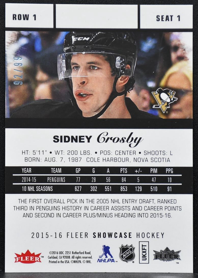 2015-16 Fleer Showcase Flair Blue Ice Sidney Crosby 1 Pittsburgh Penguins 92/99 3124