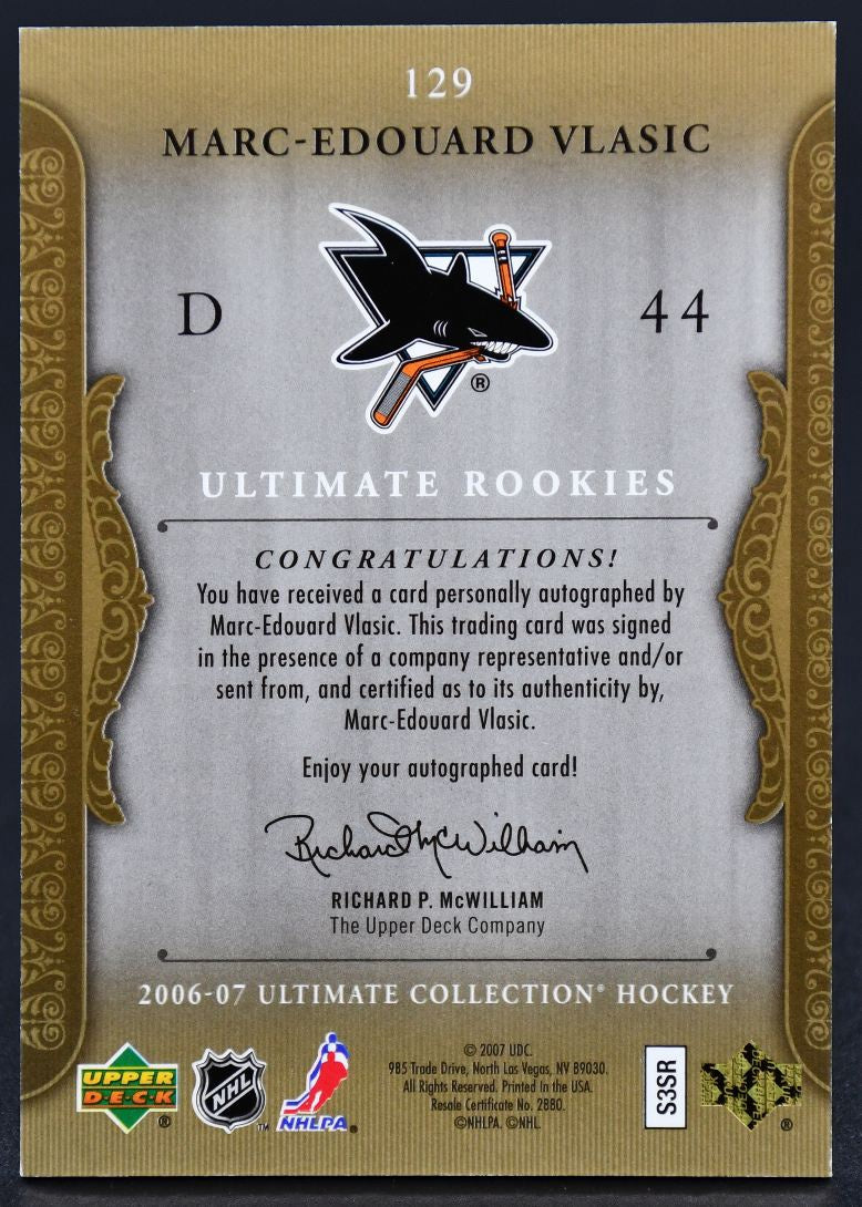 2006-07 Ultimate Collection Marc-Edouard Vlasic 129 San Jose Sharks RC Auto /299