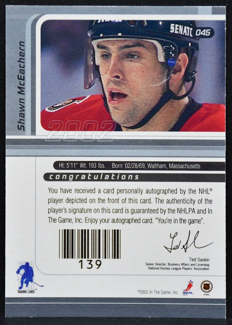 2002-03 Be a Player Signature Series Auto Shawn McEachern 045 Senators Auto 7655