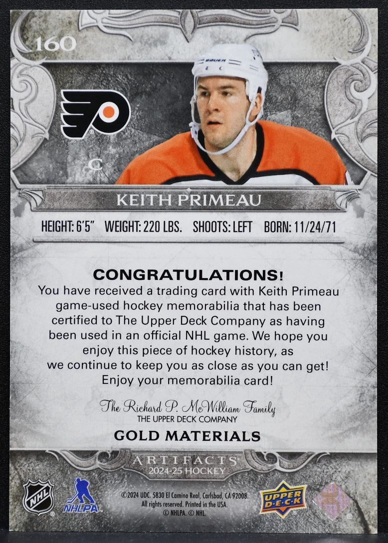 2024-25 UD Artifacts Gold Material Keith Primeau 160 Flyers 15/99 Jersey 2553