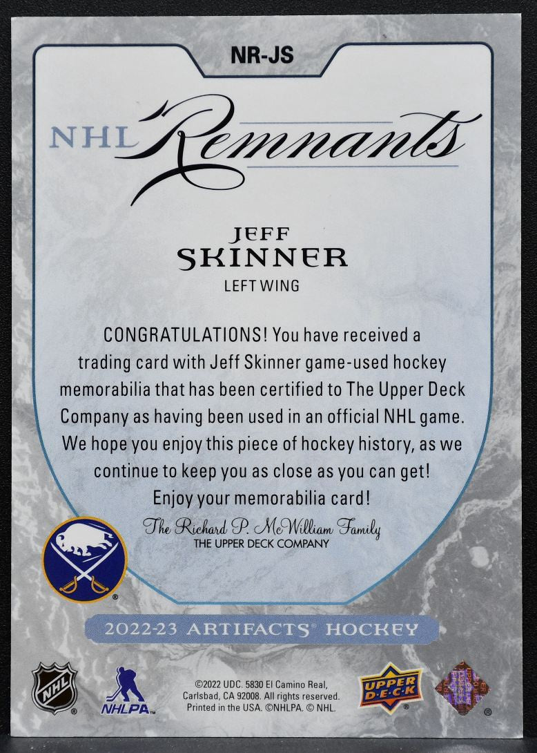2022-23 Upper Deck Artifacts NHL Remnants Jeff Skinner NR-JS Sabres Jersey 4553