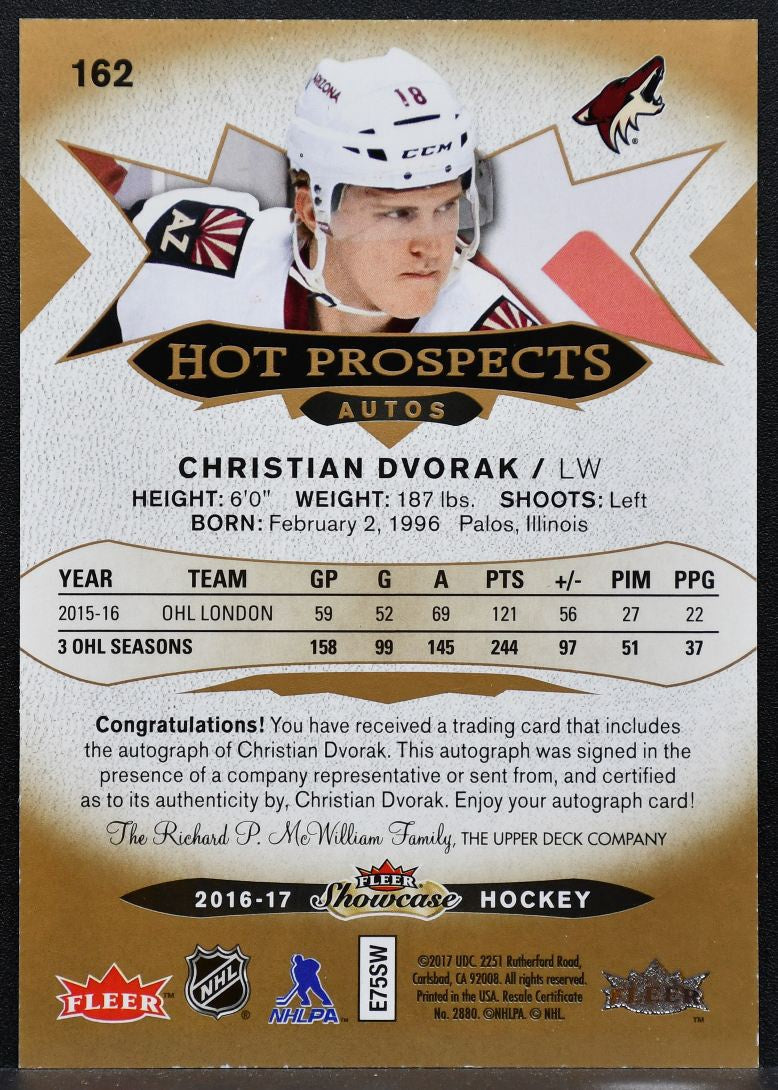 2016-17 Fleer Showcase Hot Prospects Autos Christian Dvorak Coyotes RC Auto 8252