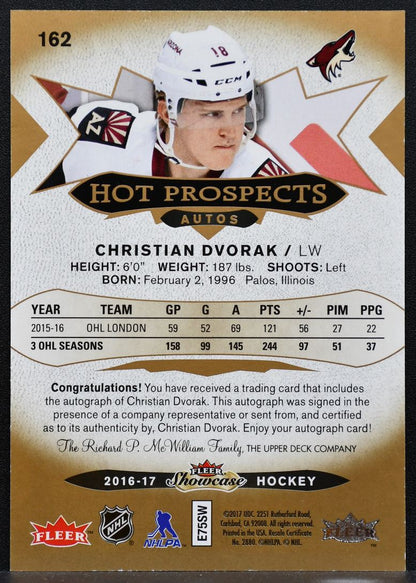 2016-17 Fleer Showcase Hot Prospects Autos Christian Dvorak Coyotes RC Auto 8252