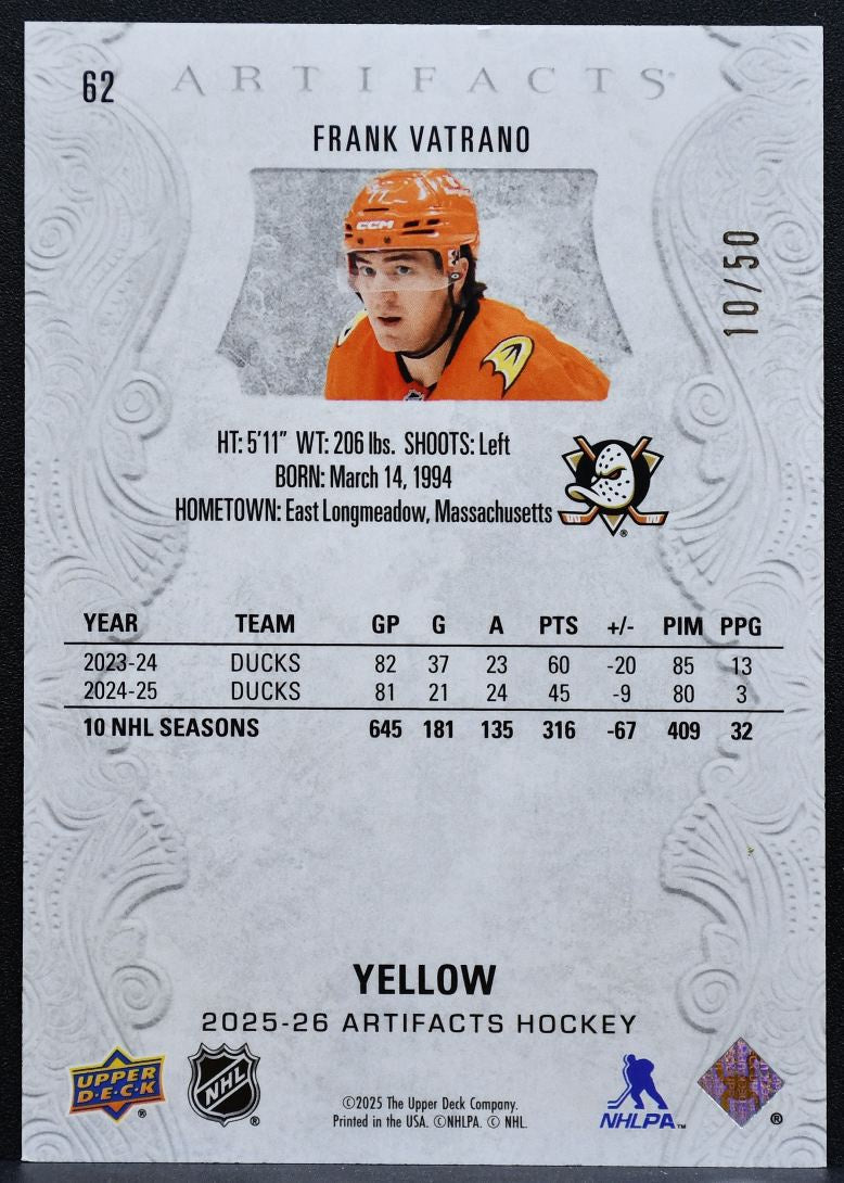 2025-26 Upper Deck Artifacts Yellow Frank Vatrano 62 Anaheim Ducks 10/50 1198