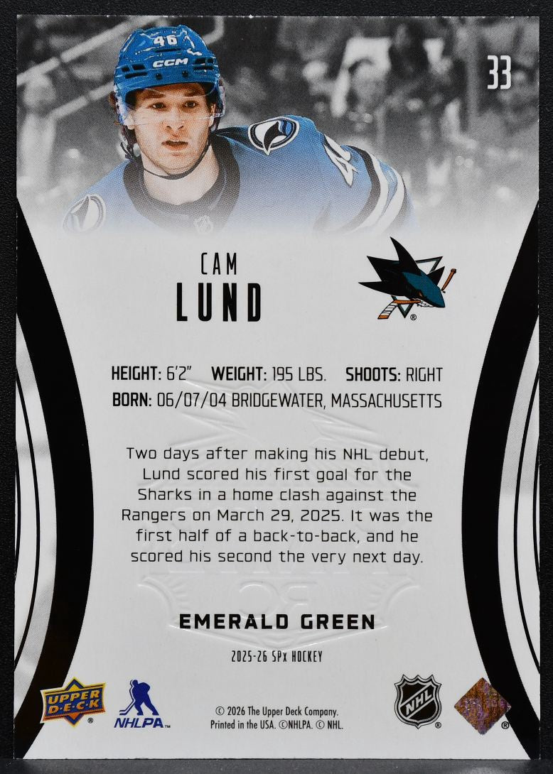 2025-26 SPx Finite Rookie Emerald Green Cam Lund 33 Sharks RC 123/199 0139