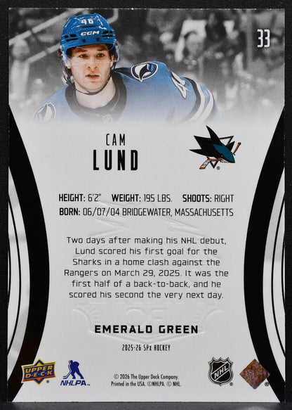 2025-26 SPx Finite Rookie Emerald Green Cam Lund 33 Sharks RC 123/199 0139