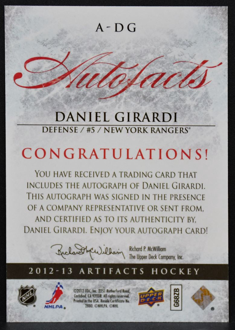 2012-13 Upper Deck Artifacts Autofacts Daniel Girardi A-DG Rangers Auto 8607