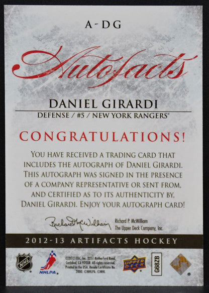 2012-13 Upper Deck Artifacts Autofacts Daniel Girardi A-DG Rangers Auto 8607