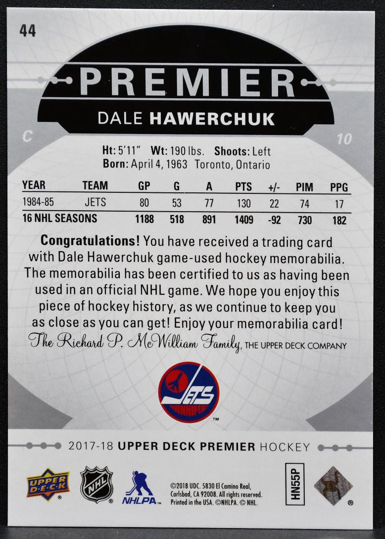 2017-18 UD Premier Base Relics - Jerseys Dale Hawerchuk 44 Jets Jersey 1571