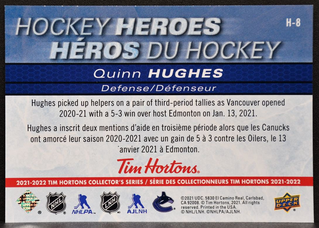 2021-22 Upper Deck Tim Hortons Hockey Heroes Quinn Hughes H-8 Vancouver Canucks 7900