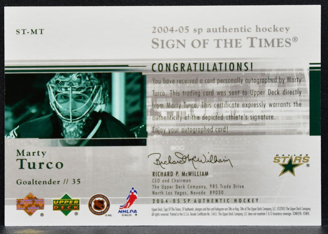 2004-05 SP Authentic Sign of the Times Marty Turco ST-MT Dallas Stars Auto 3493
