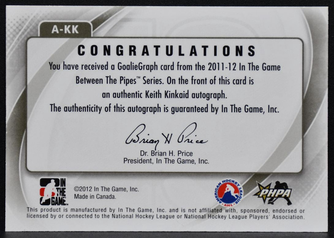 2011-12 ITG Pipes Future Stars Goaliegraph Kinkaid A-KK Albany Devils Auto 2148