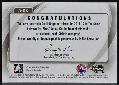 2011-12 ITG Pipes Future Stars Goaliegraph Kinkaid A-KK Albany Devils Auto 2148