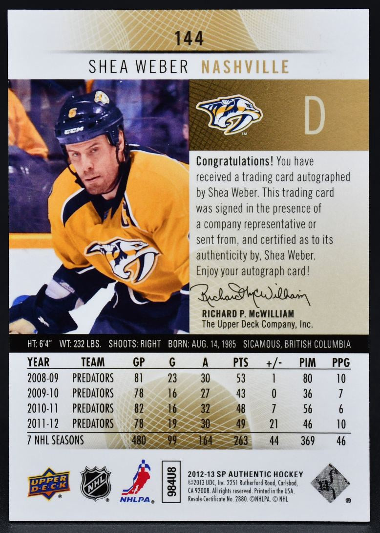2012-13 SP Authentic Shea Weber 144 Auto