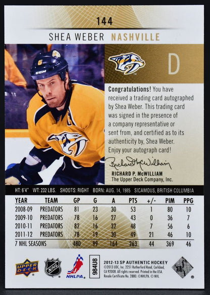 2012-13 SP Authentic Shea Weber 144 Auto